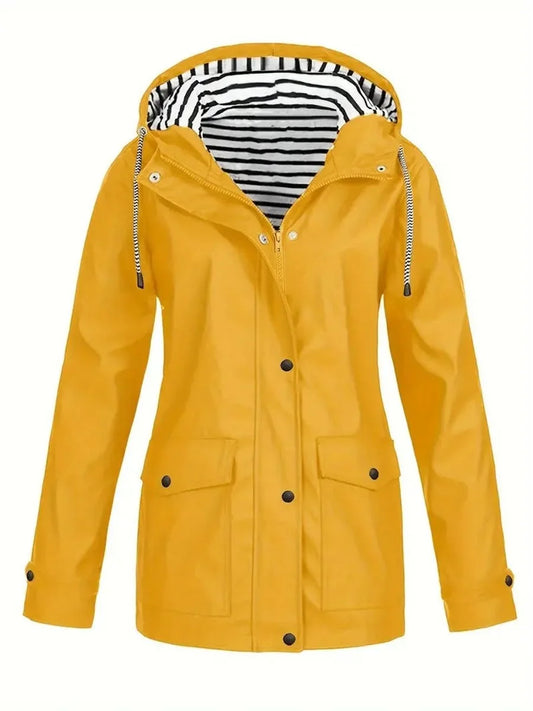 Women's hooded striped-lined zip-up waterproof rain coat – Yellow