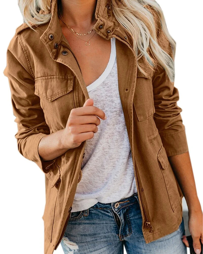 Women's utility field jacket with zip-front stand collar – Brown
