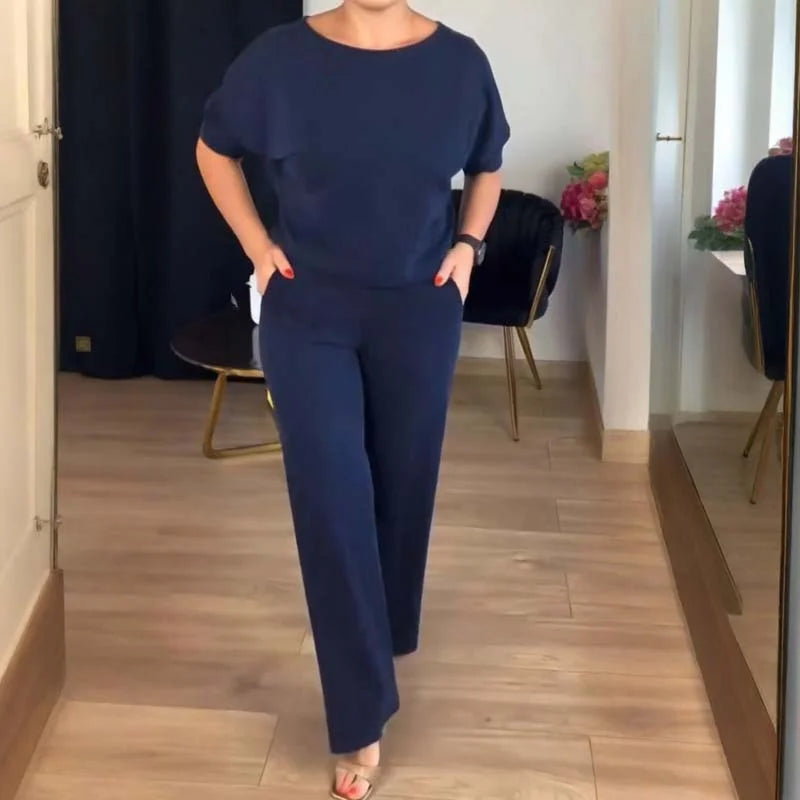 Women's knit 3-piece set with open-front cardigan and wide-leg trousers