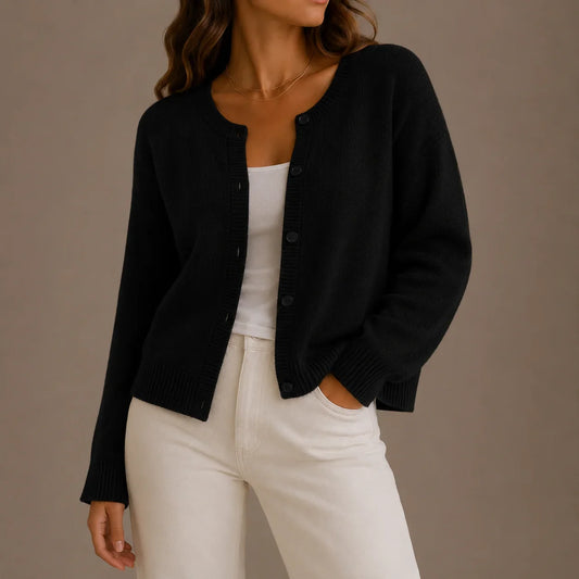 Women's knitwear cardigan, soft button-up round neck – Black
