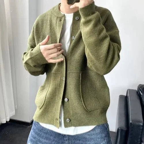 Women's knit cardigan sweater with button-front round-neck patch pockets