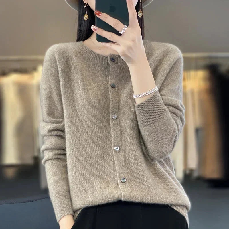 Women's knit crew-neck cardigan sweater with button-front closure and long sleeves – Camel