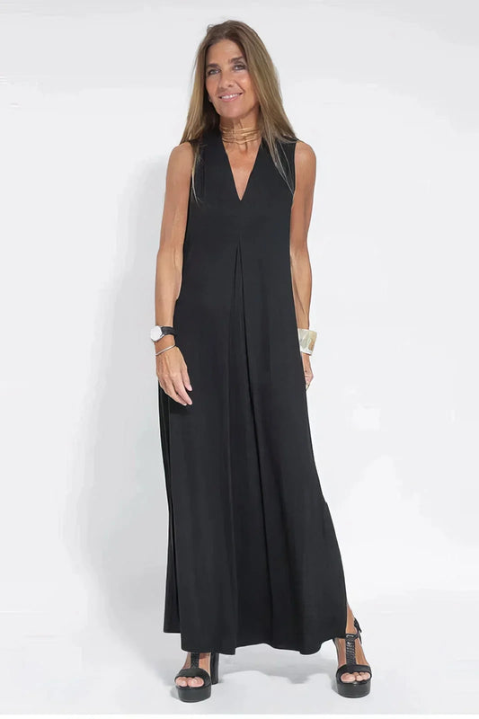 Women's knit flowy maxi dress with sleeveless V-neck and draped front – Black