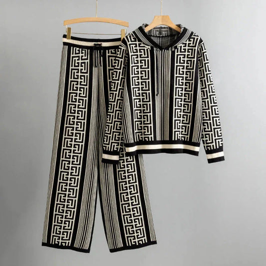 Women's knit geometric striped hoodie and wide-leg pants set with drawstring – Black