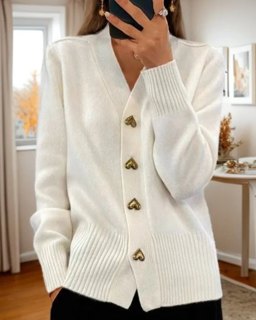 Women's knit heart-button cardigan sweater with V-neck and ribbed cuffs – White