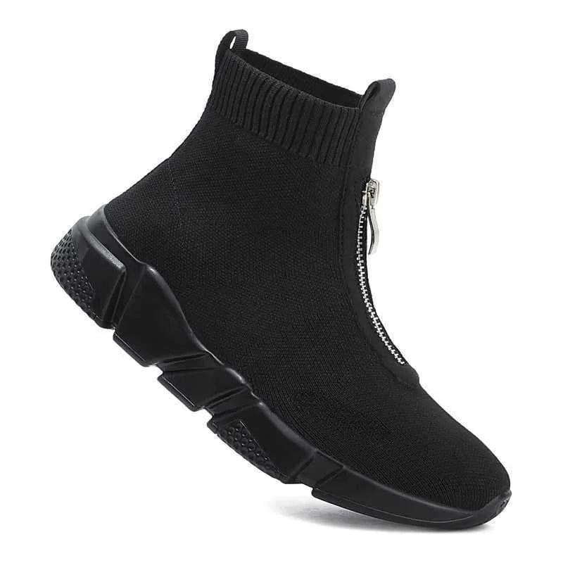 Women's knit high-top chunky-sole sock boots with front zipper