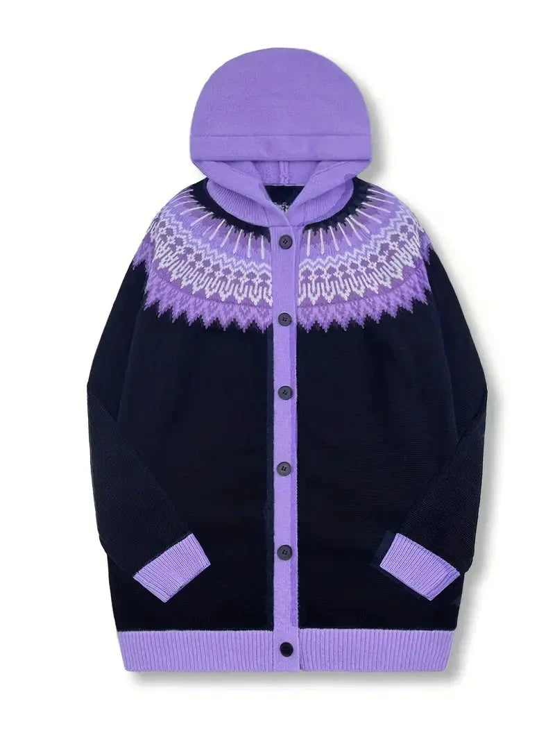 Women's knit hooded mid-length Fair Isle pattern cardigan sweater with button front