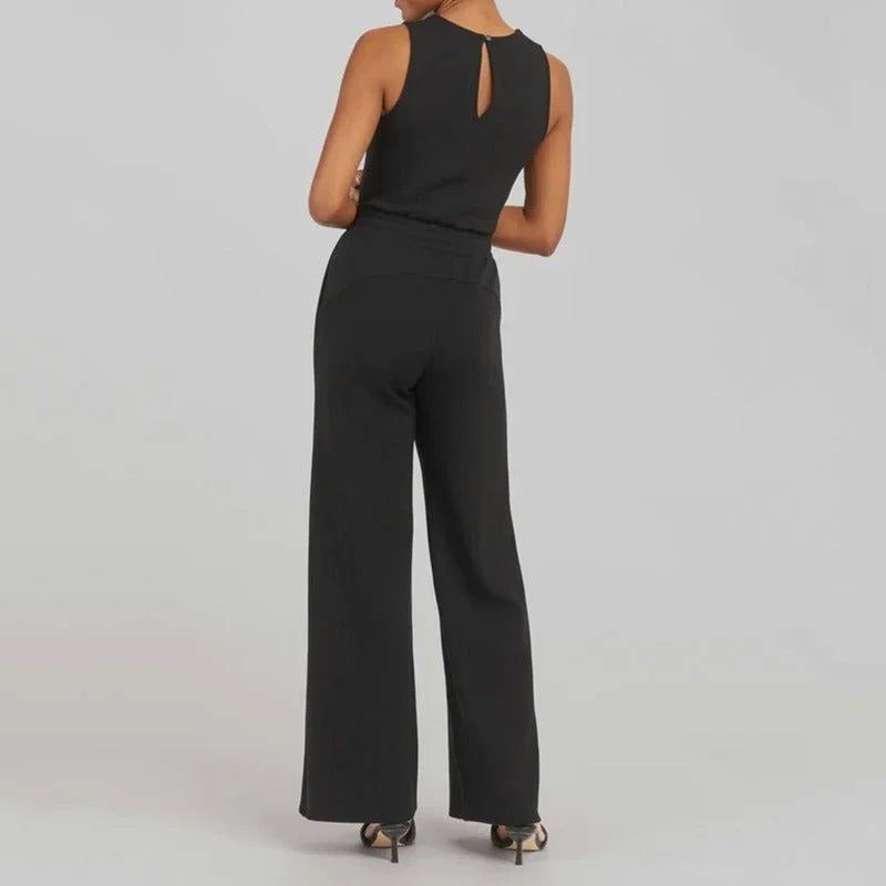 Women's knit jumpsuit women with sleeveless drawstring-waist and wide-leg design