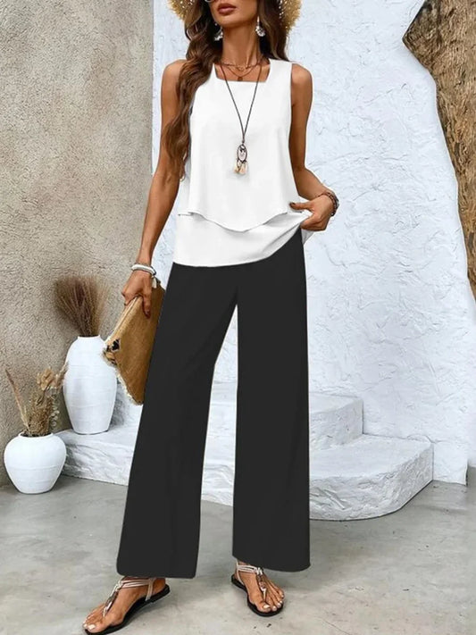 Women's knit leaf print wide-leg matching set with square neck layered top – Black