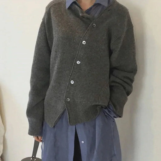 Women's knit loose-fit cardigan sweater with asymmetric button closure – Grey