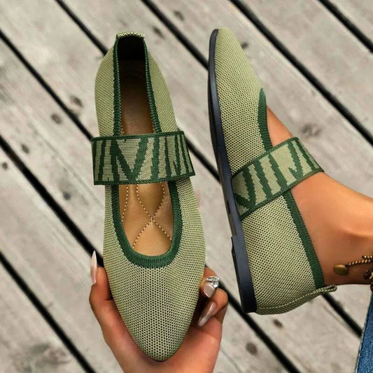 Women's knit Mary Jane flats with pointed toe and knit sweater strap design – Green