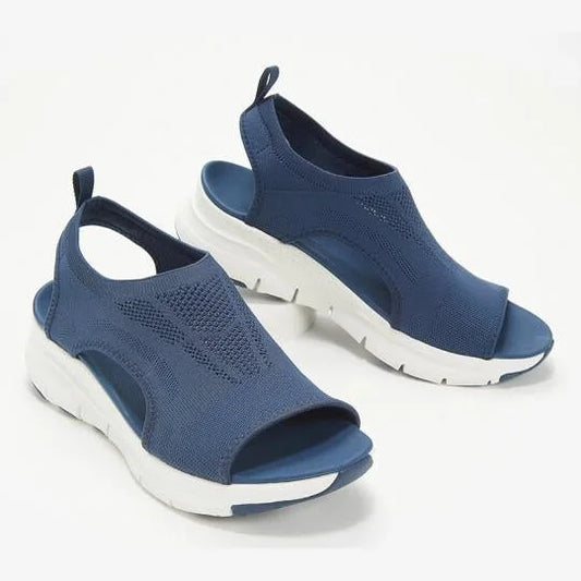 Women's knit peep-toe sandals with sock-like upper and chunky sole – Blue