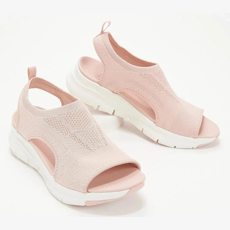 Women's knit peep-toe sandals with sock-like upper and chunky sole