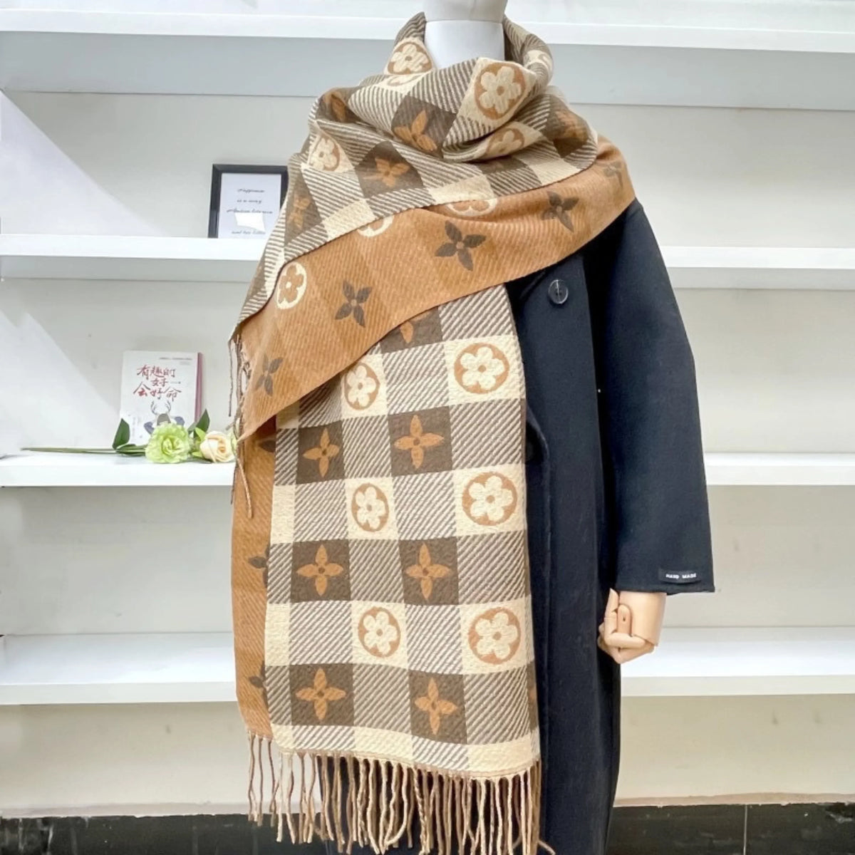 Women's knit plaid mickey mouse scarf with fringed ends – Four-leaf khaki