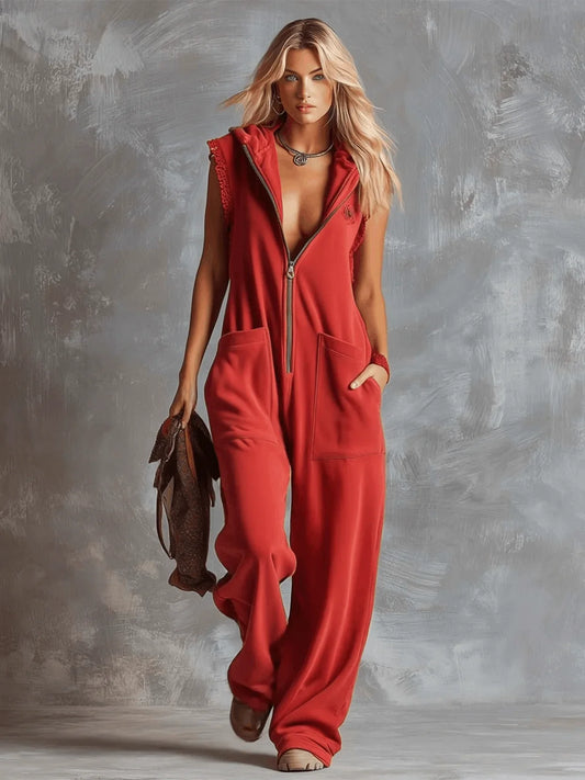Women's knit hooded sleeveless jumpsuit women with zip front and pockets