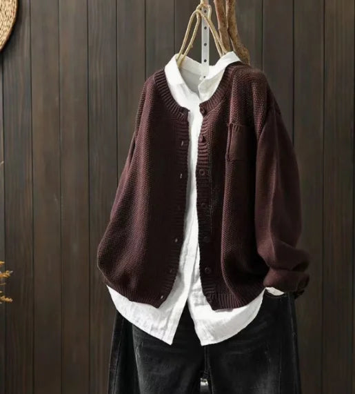 Women's knit relaxed fit crew neck cardigan sweater with button front and chest pocket – Dark Brown