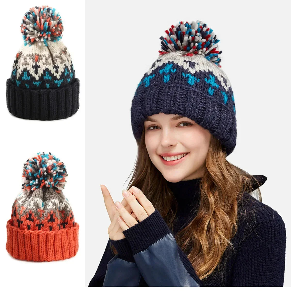 Women's knit snowflake-pattern pom-pom beanie with ribbed cuff