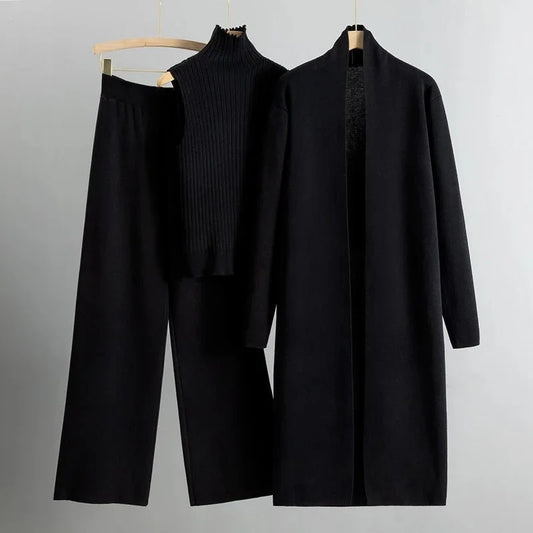 Women's knit three-piece set with long open-front cardigan and wide-leg trousers – Black