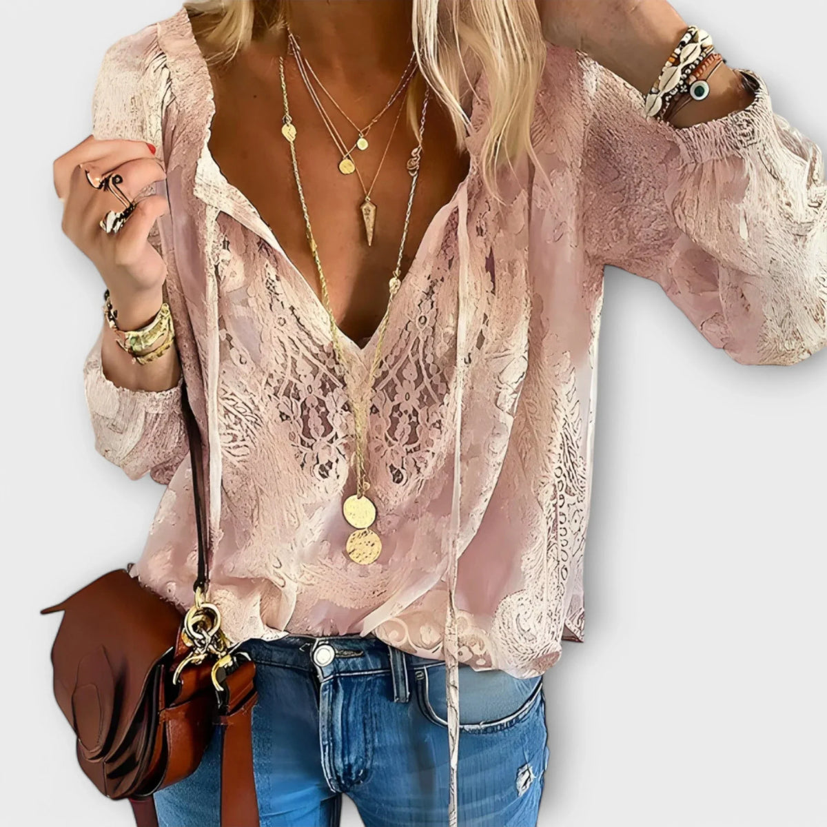 Women's lace long-sleeve blouse with V-neck tie-front and elasticated cuffs – Pink