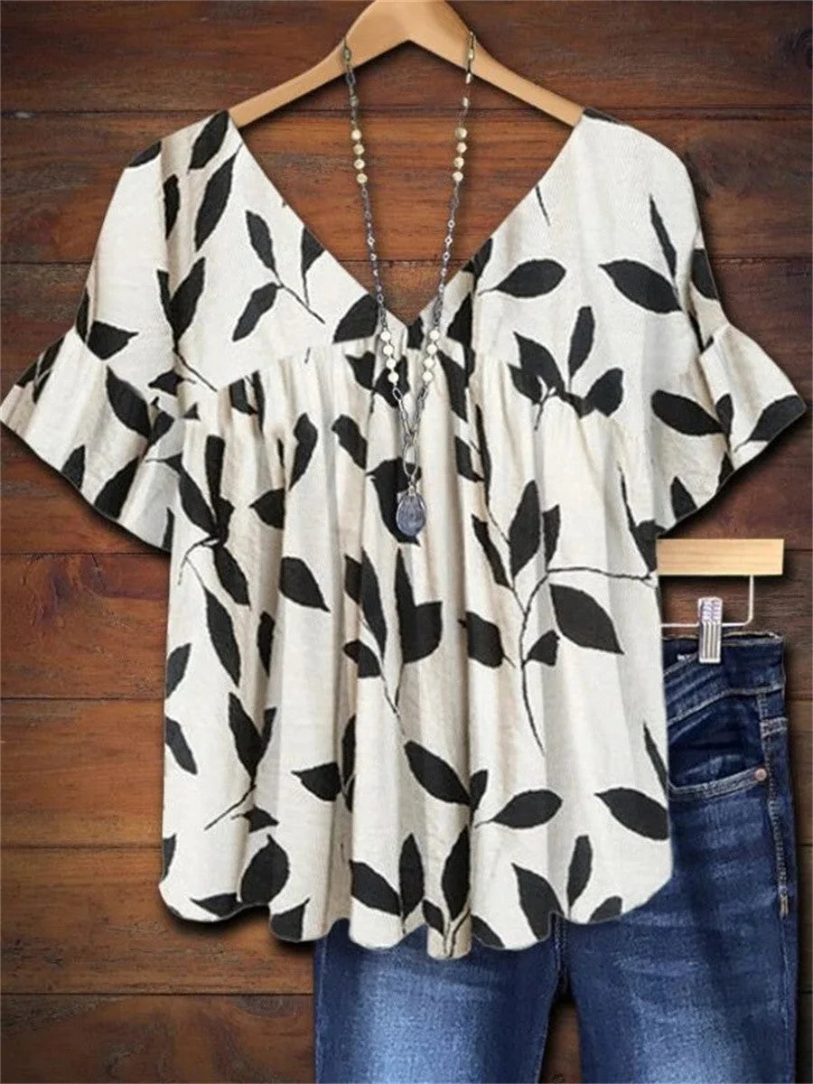 Women's leaf print babydoll blouse with V-neck short ruffle-sleeves – White