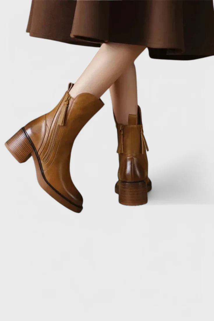Women's leather ankle boots with functional side zipper and block heel