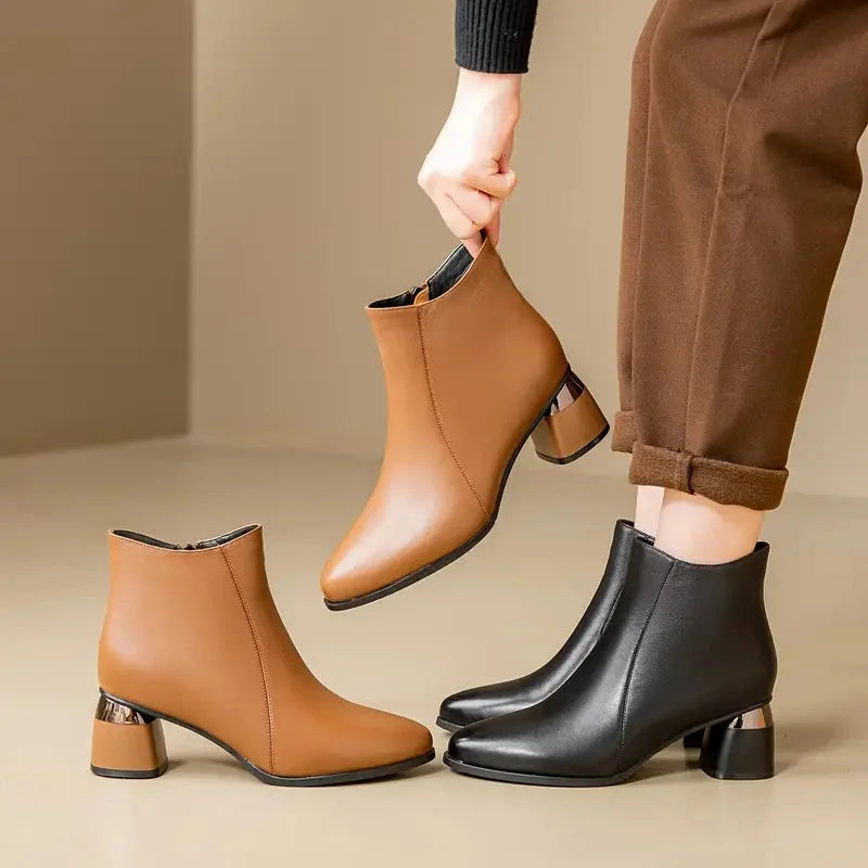 Women's leather ankle boots with pointed toe and metallic block heel