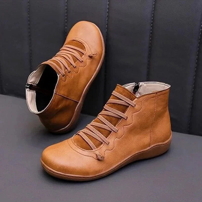 Women's leather casual ankle boots with lace-up front and side zipper