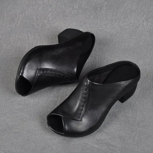 Women's leather cushioned block-heel slip-on sandals with open-toe design