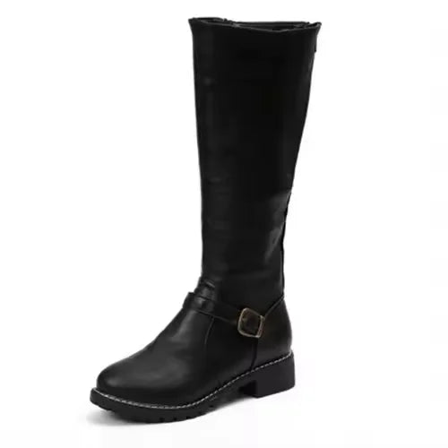 Women's leather knee-high boots with buckle strap and side zipper