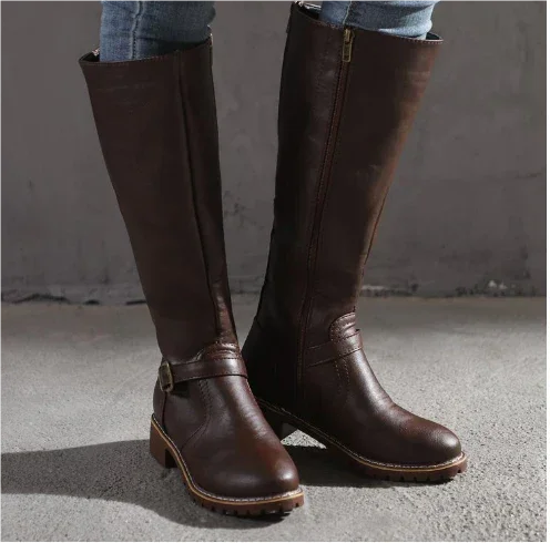 Women's leather knee-high boots with buckle strap and side zipper – Dark Brown