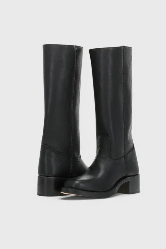 Women's leather mid-calf western-style boots with stacked-block heel – Black