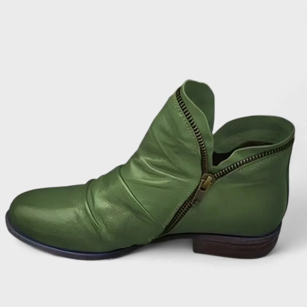 Women's leather comfort ruched ankle boots with side zipper closure – Green