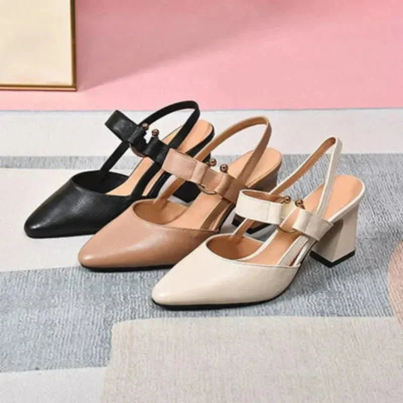 Women's leather pointed-toe block-heel heels with slingback strap and decorative buckle