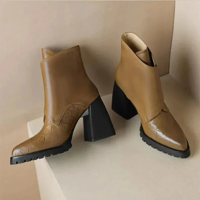 Women's leather pointed-toe chunky lug-sole ankle boots with buckle detail
