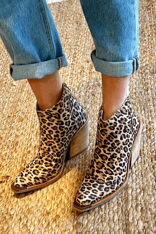 Women's leopard print pointed-toe cowboy ankle boots with stacked heel – Brown