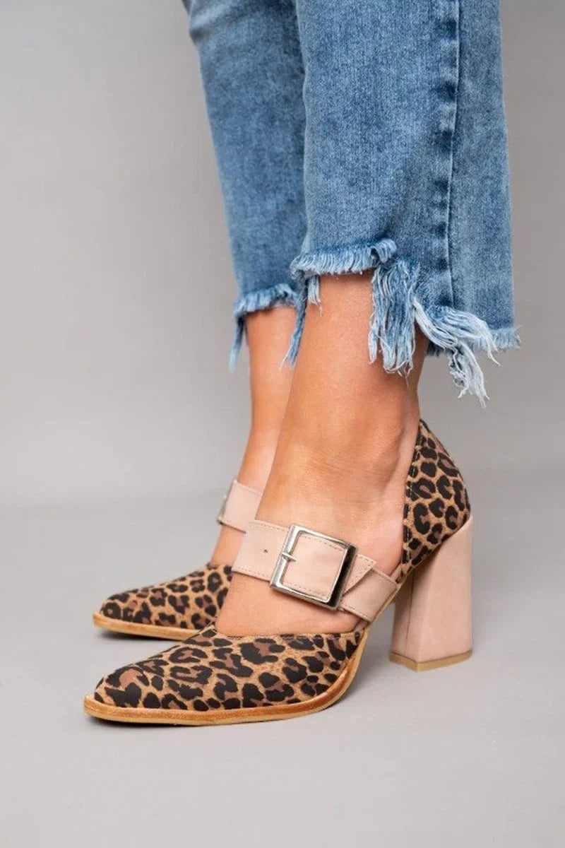 Women's leopard print pointed-toe heels with block heel and adjustable buckle strap – Khaki
