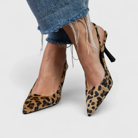 Women's leopard print stiletto heels with slingback pointed-toe design – Brown