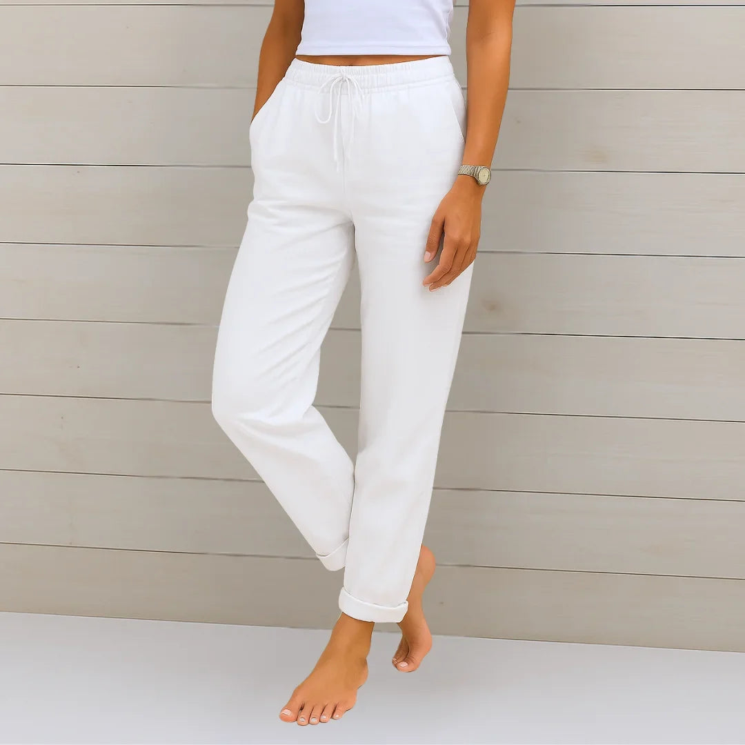 Women's lightweight pants with elastic drawstring waist and cuffed hem – White