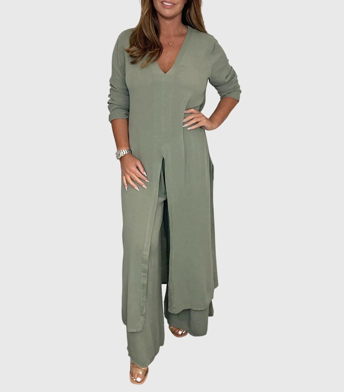 Women's lightweight set with duster V-neck cardigan and womens wide leg pants – Grey
