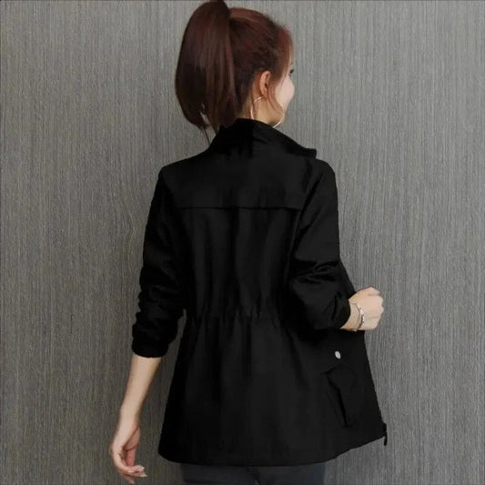 Women's lightweight zip-up short bomber jacket drawstring waist – Black