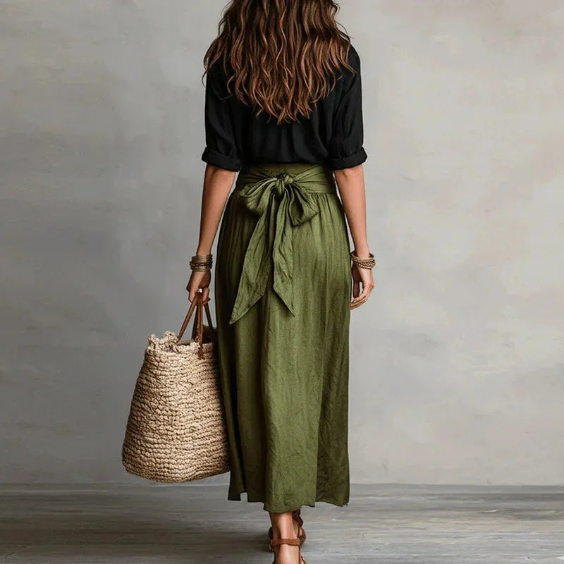 Women's linen blend set with button-down shirt and tie-waist maxi skirt