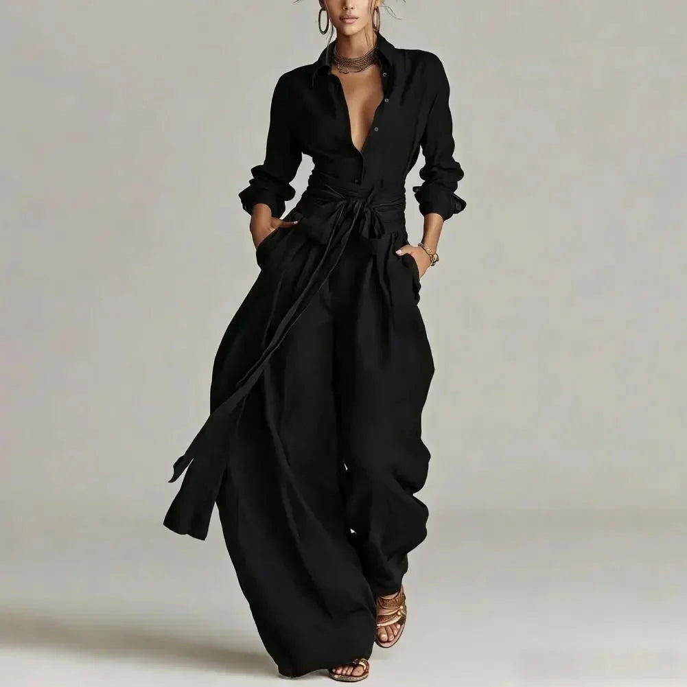 Women's linen long-sleeve shirt and tie-waist womens wide leg pants set – Black
