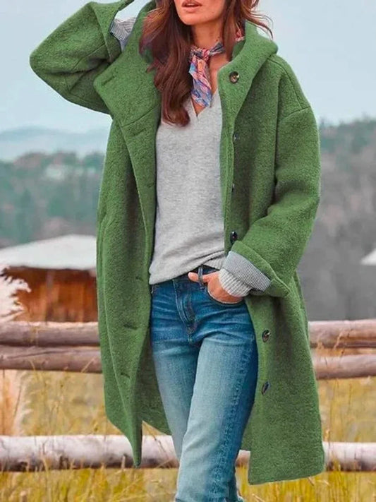 Women's long hooded button-front fleece coat – Dark Green