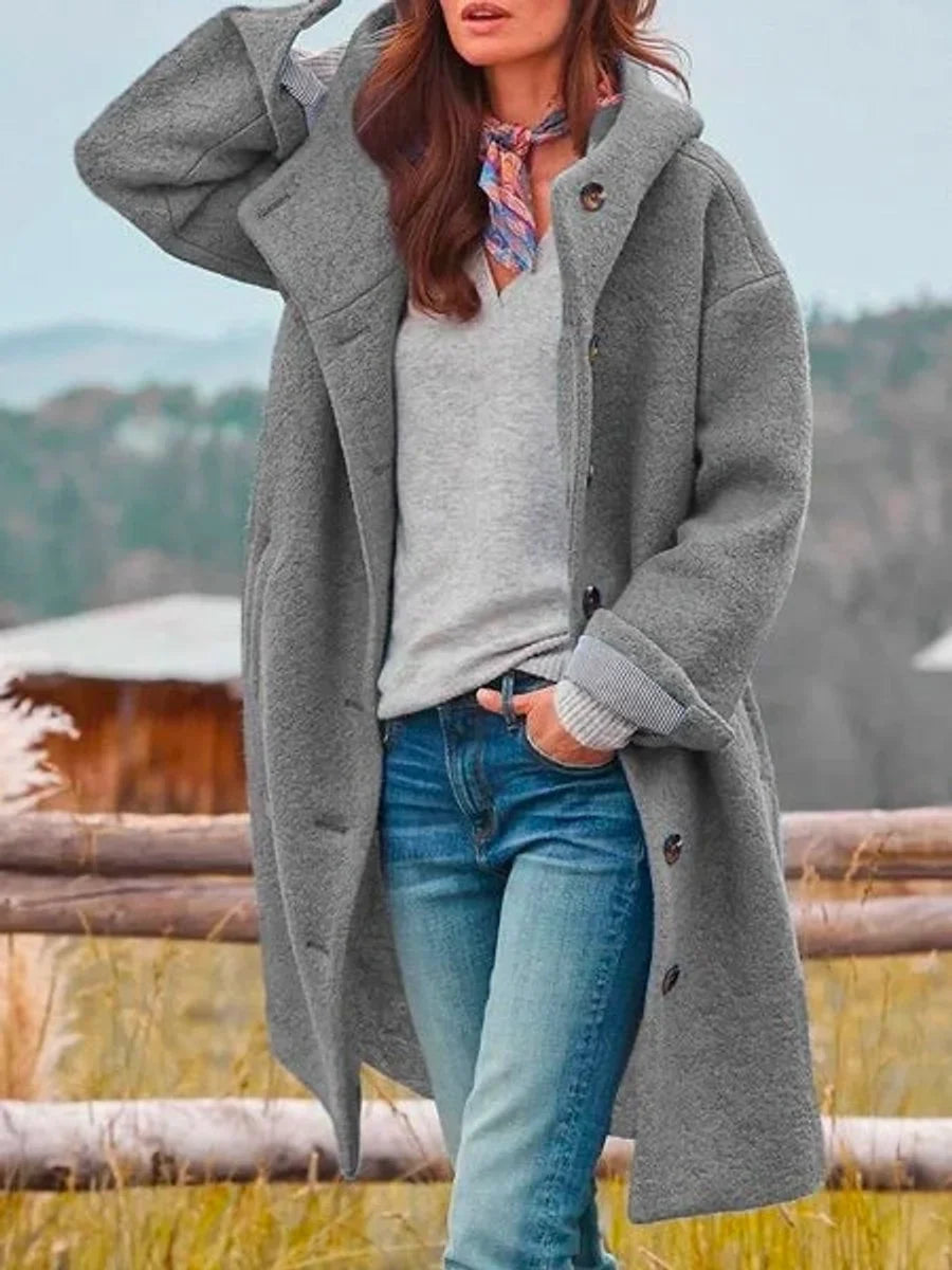 Women's long hooded button-front fleece coat – Gray