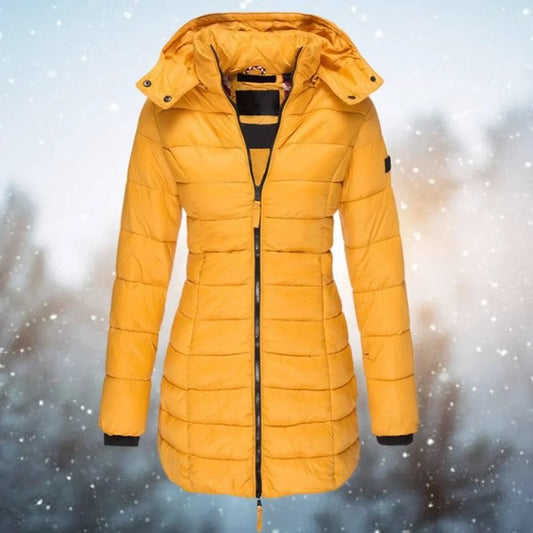 Women's long hooded puffer quilted jacket zip-up winter coat – Yellow