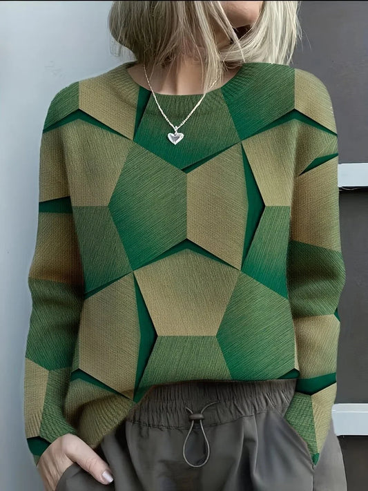 Women's long-sleeve geometric print knit sweater crewneck top – Green