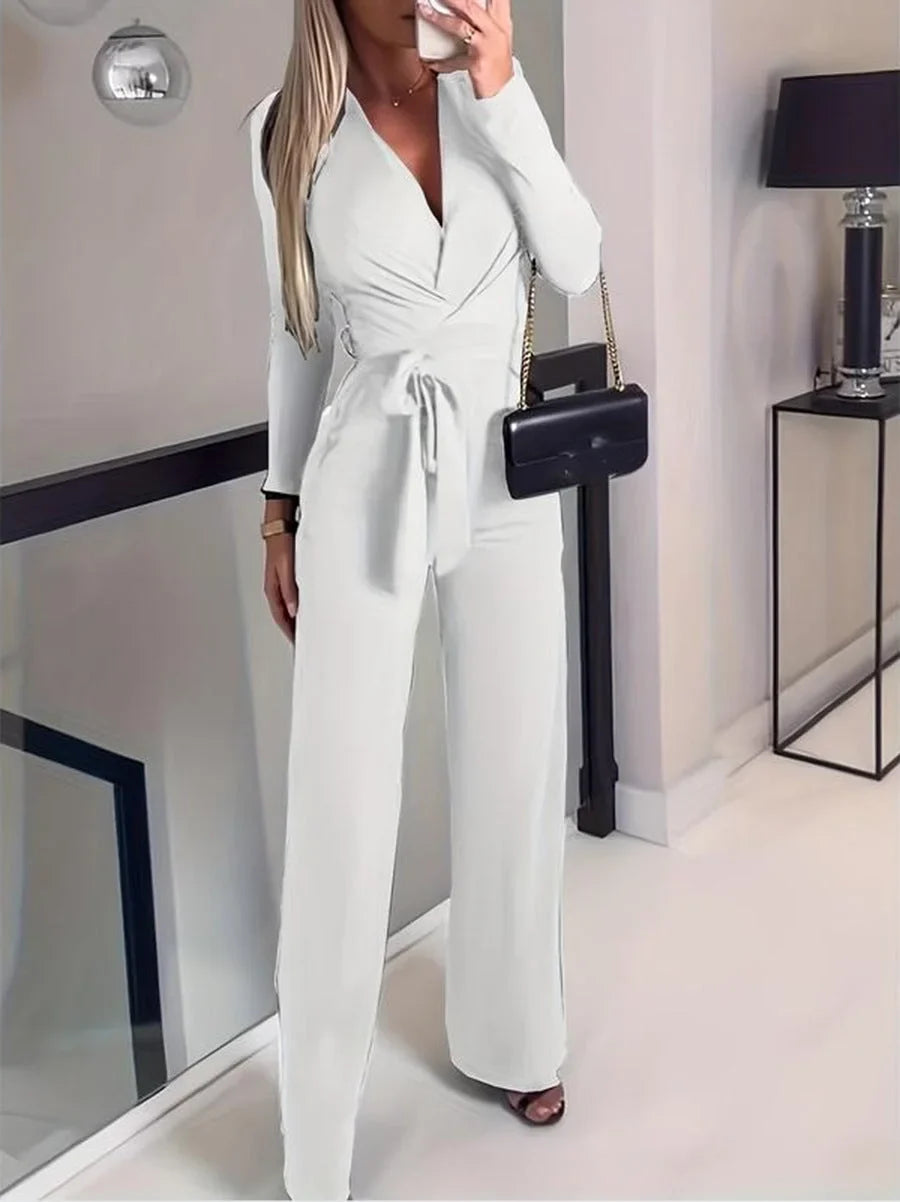 Women's long-sleeve V-neck jumpsuit with wide-leg pants and tie-waist – Ivory