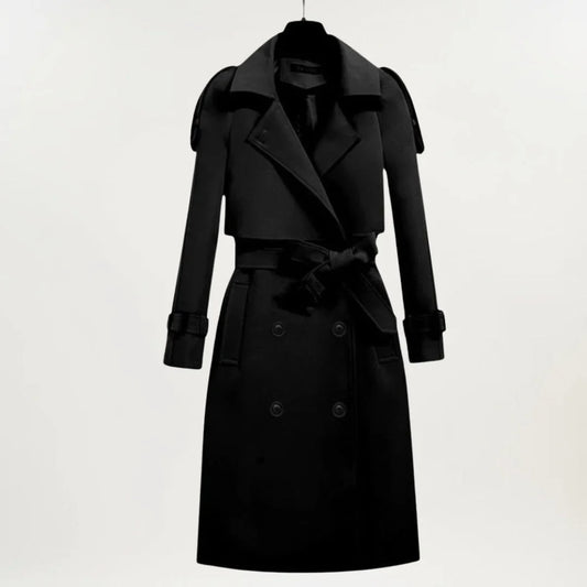 Women's longline belted trench coat with double-breasted closure – Black