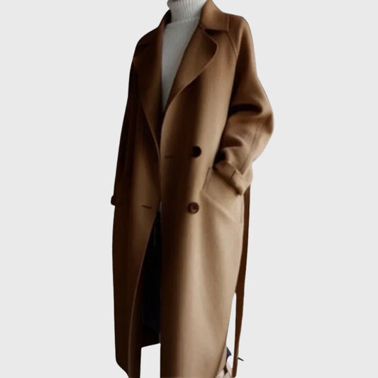 Women's longline double-breasted wool coat with self-tie belt – Brown