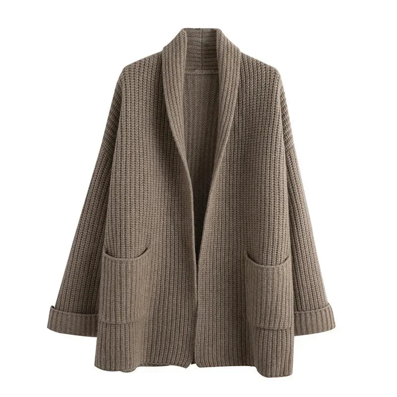 Women's longline rib-knit relaxed fit cardigan sweater with open front and patch pockets